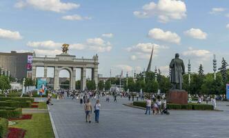 Moscow, Russia - 07.09.2023 - Visitors at Exhibition of Achievements of National Economy site, known as VDNKH. Landmark photo