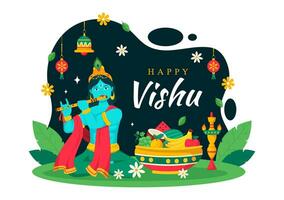 Happy Vishu Festival Vector Illustration with Krishna,Traditional Kerala Kani, Fruits and Vegetables in National Holiday Flat Cartoon Background