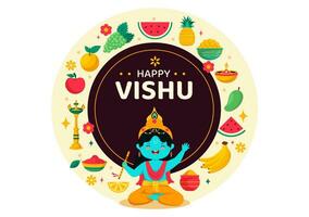 contento vishu festival vector ilustración con Krishna,tradicional kerala kani, frutas y vegetales en nacional fiesta plano dibujos animados antecedentes