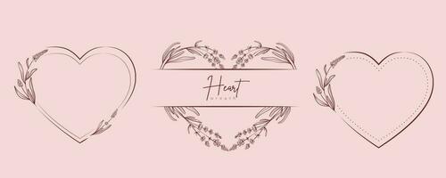 Hand drawn floral wreath with heart and leaves. Flower botanical frame for monogram, wedding logo, invitation, postcard, and more. Vintage ornament vector illustration isolated on white background.