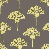 Simple calm floral vector seamless pattern. Hand drawing silhouette of golden beige umbrellas flowers on a gray background. For printing on fabric, textile products, curtains, furniture.