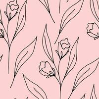 Simple hand-drawn vector seamless floral pattern. Doodle garden flowers black outline on a light pink background. For the design of fabric, wallpaper, bedding, clothing.