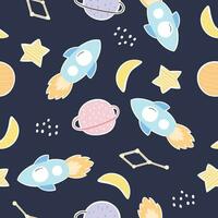 Space background with rockets and stars, seamless vector pattern in cartoon style. Used for newborn apparel, textiles, and wallpaper