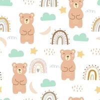 guardería sin costura patrones con linda caracteres. oso y arco iris en dibujos animados estilo diseños para recién nacido vestir, textiles y fondo de pantalla vector