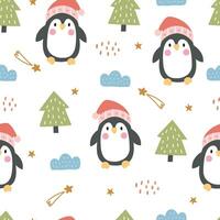 Nursery seamless pattern with cute characters. Penguin and Christmas tree hand drawn in cartoon style design for Newborn apparel, textiles and wallpaper vector