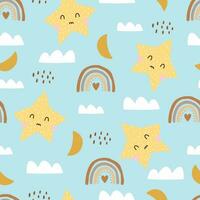 Nursery seamless pattern with cute characters. Rainbow with star, hand-drawn in cartoon style. design for Newborn apparel, textiles, and wallpaper vector