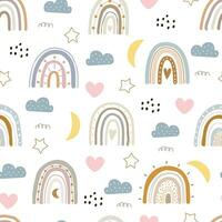 Nursery seamless pattern with cute characters. Rainbow with hearts, hand drawn in cartoon style. design for Newborn apparel, textiles and wallpaper vector