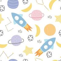 Space background with rockets and stars, seamless vector pattern in cartoon style. Used for printing, baby clothes pattern.