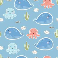 Nursery seamless patterns whale and squid in the sea hand drawn design in cartoon style design for Newborn apparel, textiles, and wallpaper vector