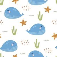 Nursery seamless pattern whale in the sea hand drawn design in cartoon style Use for textiles, prints, wallpapers, vector illustration