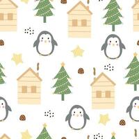 Nursery seamless pattern with cute characters. penguin and house hand drawn in cartoon style design for Newborn apparel, textiles and wallpaper vector