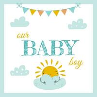 vector cute greeting card for little newborn boy with funny flags and clouds
