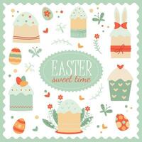 Vector pretty set with Easter sweets and decor with flowers, eggs and butterflies