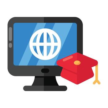 Globe with mortarboard, flat design of global learning vector
