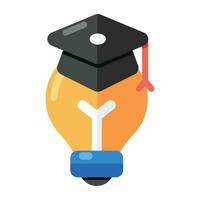 Mortarboard inside lightbulb, flat design of academic writing icon vector