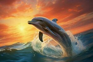 AI generated Tranquil seascape dolphins grace the sky and sea, creating a serene spectacle photo