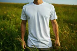 AI generated Fresh fashion white t shirt worn by a model pops against the verdant green grass photo