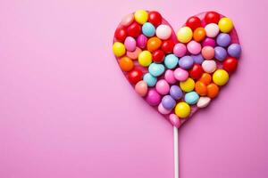 AI generated Sweet harmony rainbow heart candies arranged on a pink background photo