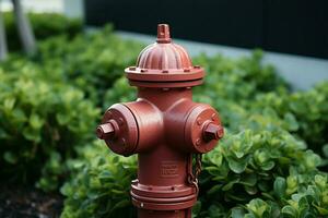 AI generated Hydrant in focus red against a backdrop of vibrant greenery photo