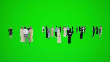 3D animation of a crowd of Europeans and Arabs talking and negotiating while video