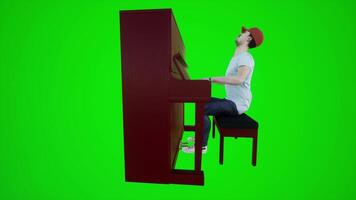 3d animación de un turista hombre jugando el piano en un croma llave verde pantalla video