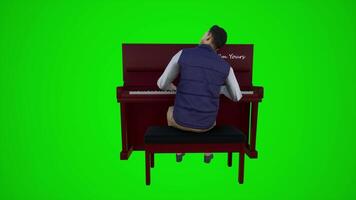 3D animation of an artist playing the piano in a cafe from the angle behind the video