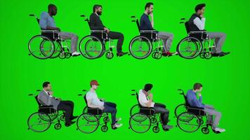 3d animation de une négligent homme dans une fauteuil roulant en mouvement dans une fauteuil roulant dans le video