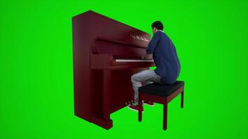 3D animation of a male coach playing the piano in a restaurant from the angle of video