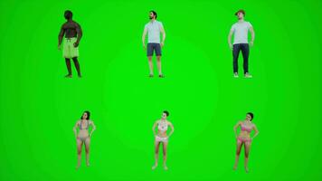 three men and three women standing and waiting on the beach 3D animation video