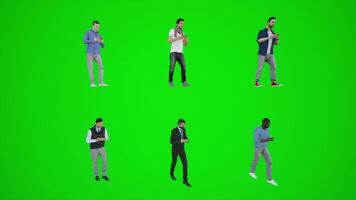 Six men walking in tourist areas and talking on the phone from three angles 3D video