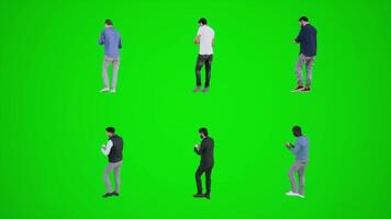 Six men walking in tourist areas and talking on the phone from three angles 3D video