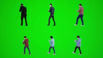 seis homens caminhando dentro a parque e jogando em a telefone a partir de três ângulos 3d video