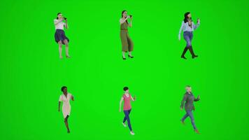 Six women walking on the bridge and playing on the phone from three angles 3D video