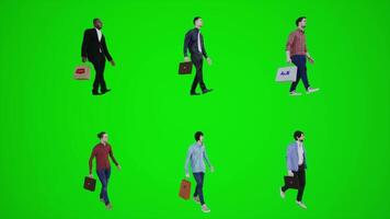 Six men walking inslums and shopping with shopping bags from three angles 3D video