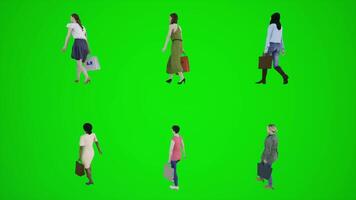 sex kvinnor gående på de trottoar och handla med handla påsar från tre video