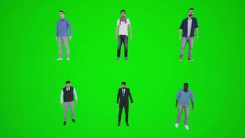 3D animation of six men standing at a bus stop from a frontal angle video