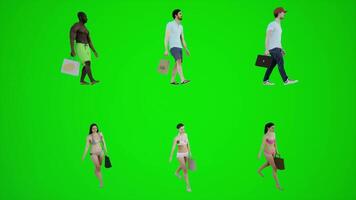 3D animation of men and women walking and shopping on the beaches of Antalya, video