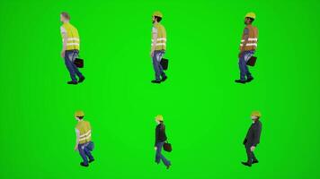 3d animatie van arbeiders en ingenieurs wandelen en boodschappen doen in de winkels in de omgeving van video