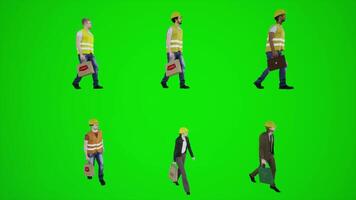 3d animação do trabalhadores e engenheiros caminhando e compras dentro a lojas por aí video