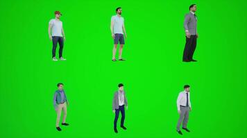 3D animation of six men standing in a taxi stand from three angles video