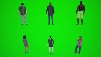 3d people green screen six men and woman standing in park from back angle video