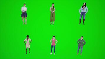 Green screen 3D people of six women standing on the main street of Chromakey video