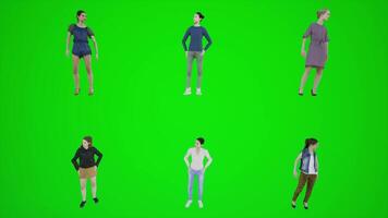 3D green screen people of six women standing in Cromaki neighborhood from front video