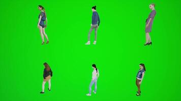 3d verde tela pessoas seis mulheres em pé dentro cromaki Vizinhança a partir de três video