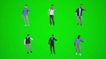 3D animation of six men standing on a green screen and waiting. Chromakey video