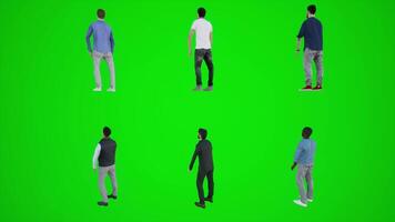 3D animation of six men standing on a green screen and waiting. Chromaki video