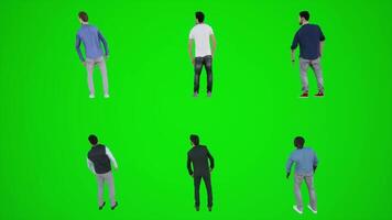 3d animering av sex män stående på en grön skärm och väntar. Chromakey video