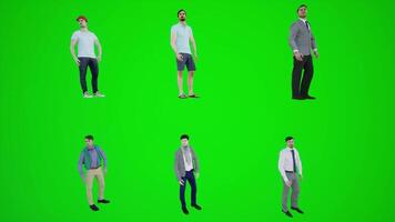 3d animation de six Hommes permanent sur une vert écran et à la recherche à le horloge. video