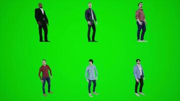 3D animation of six male employees who are standing on a green screen and video