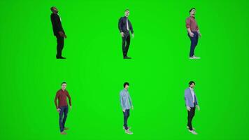 3D animation of six male employees standing on a green screen and looking at the video